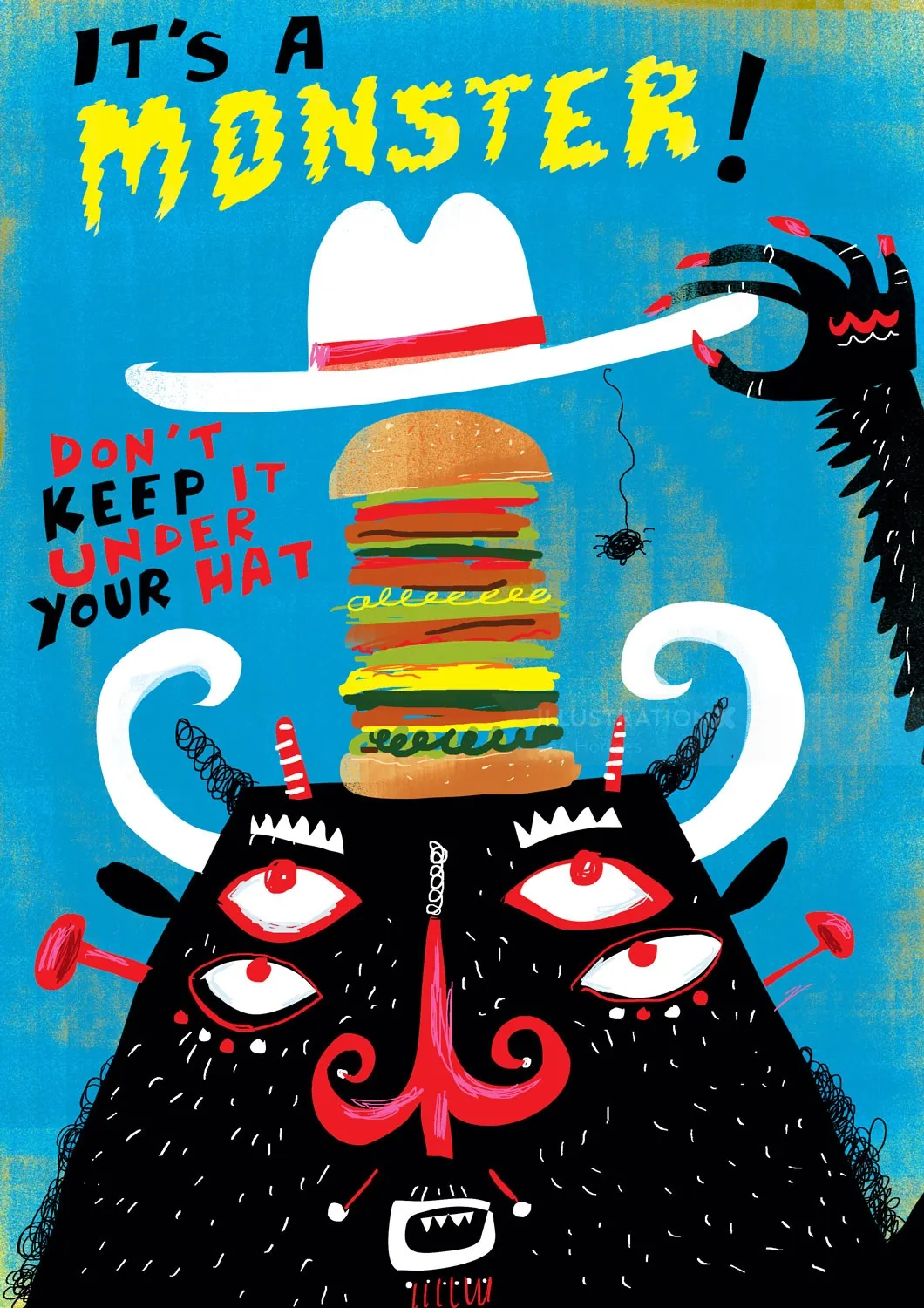 Cartoon monster with multiple eyes holding a giant stacked burger