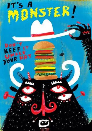 Cartoon monster with multiple eyes holding a giant stacked burger