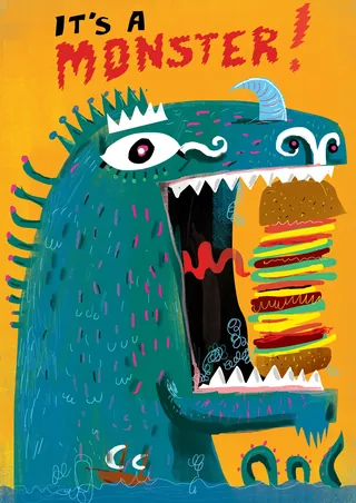 Blue cartoon monster with crown eating large layered burger