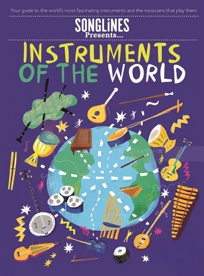 Colorful illustrated poster of global musical instruments by Lee Hodges