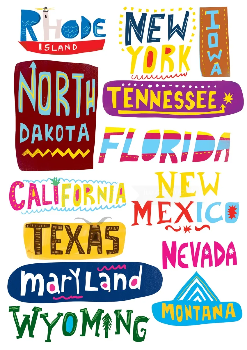 Colorful artistic typography of U.S. state names by Lee Hodges