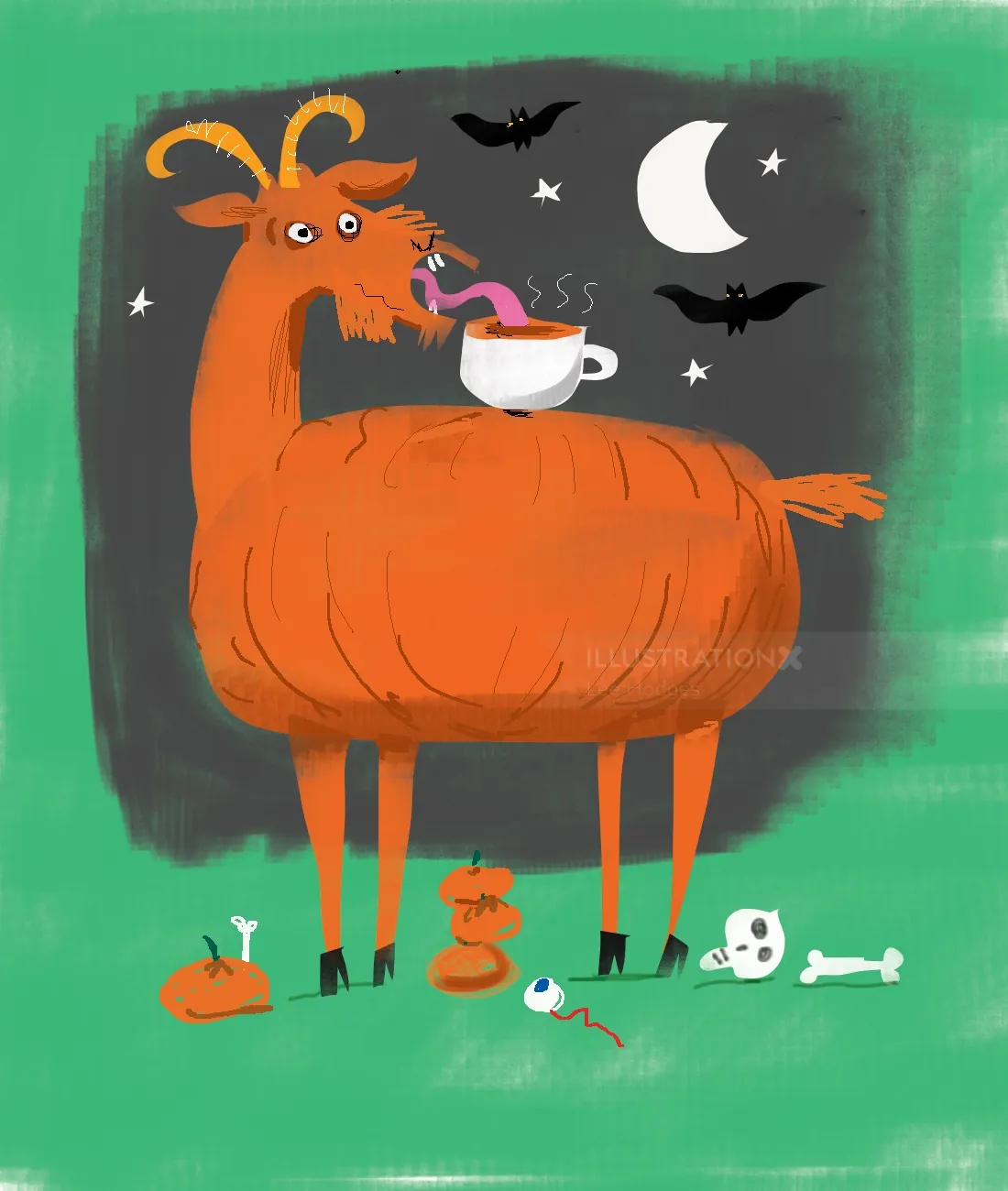 Goat with pumpkin body drinking coffee under moon and bats by Lee Hodges