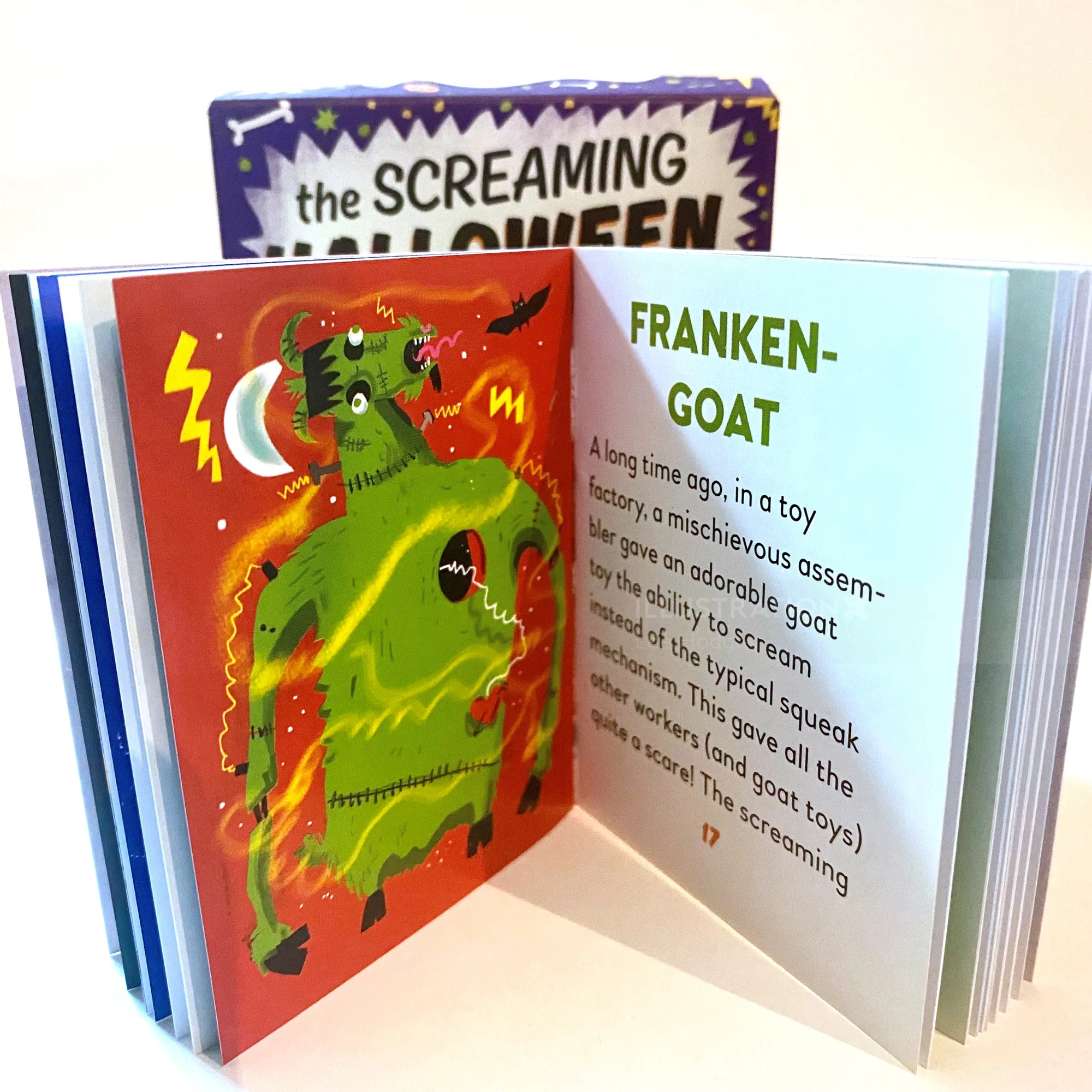 Illustration of Franken-Goat toy with text in Screaming Goat book by Lee Hodges