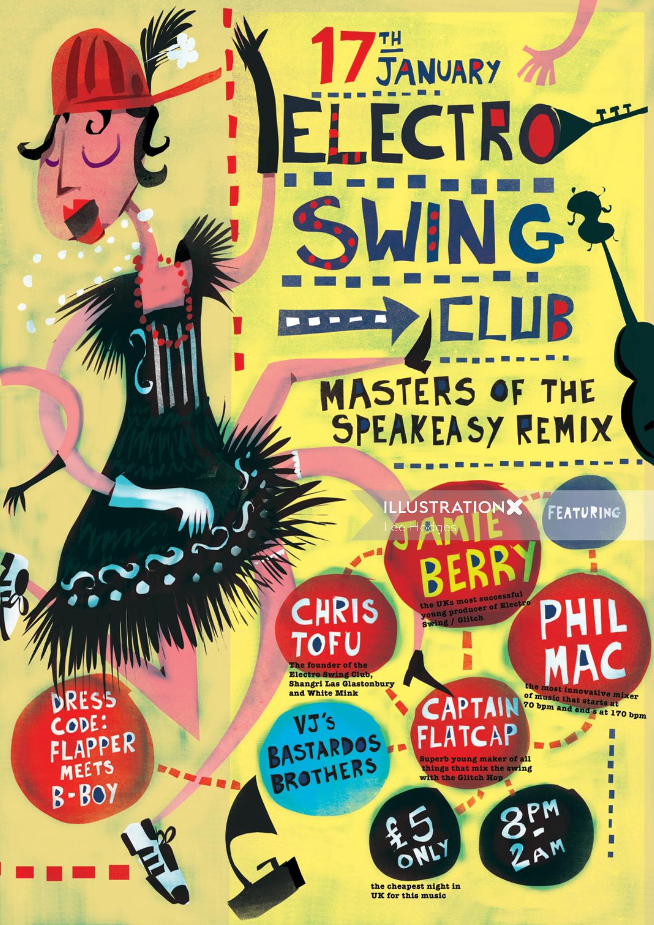 Arte del cartel retro del cartel del club Electro Swing