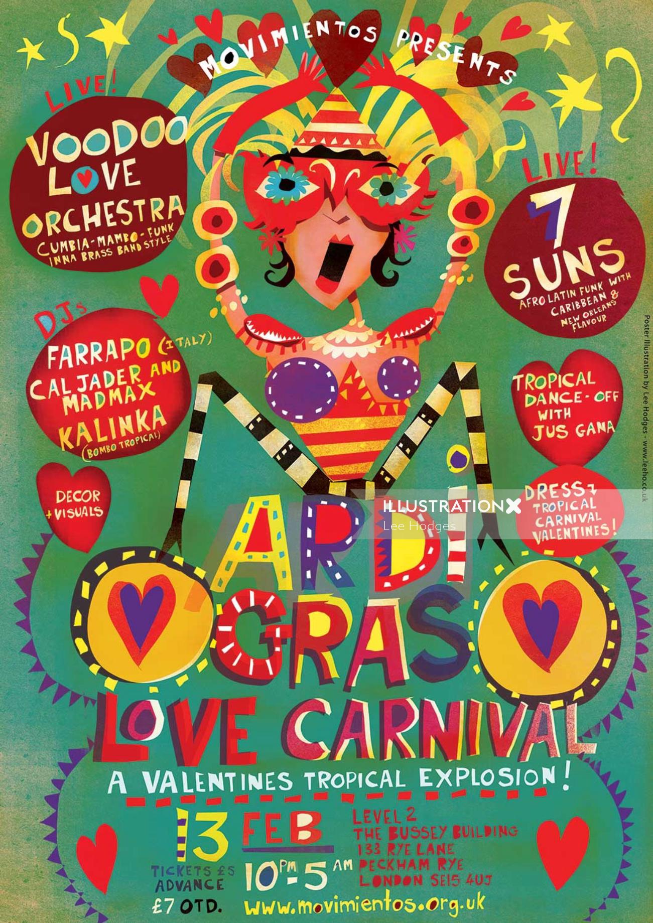 Cartel para el evento Mardi Gras Love Carnival