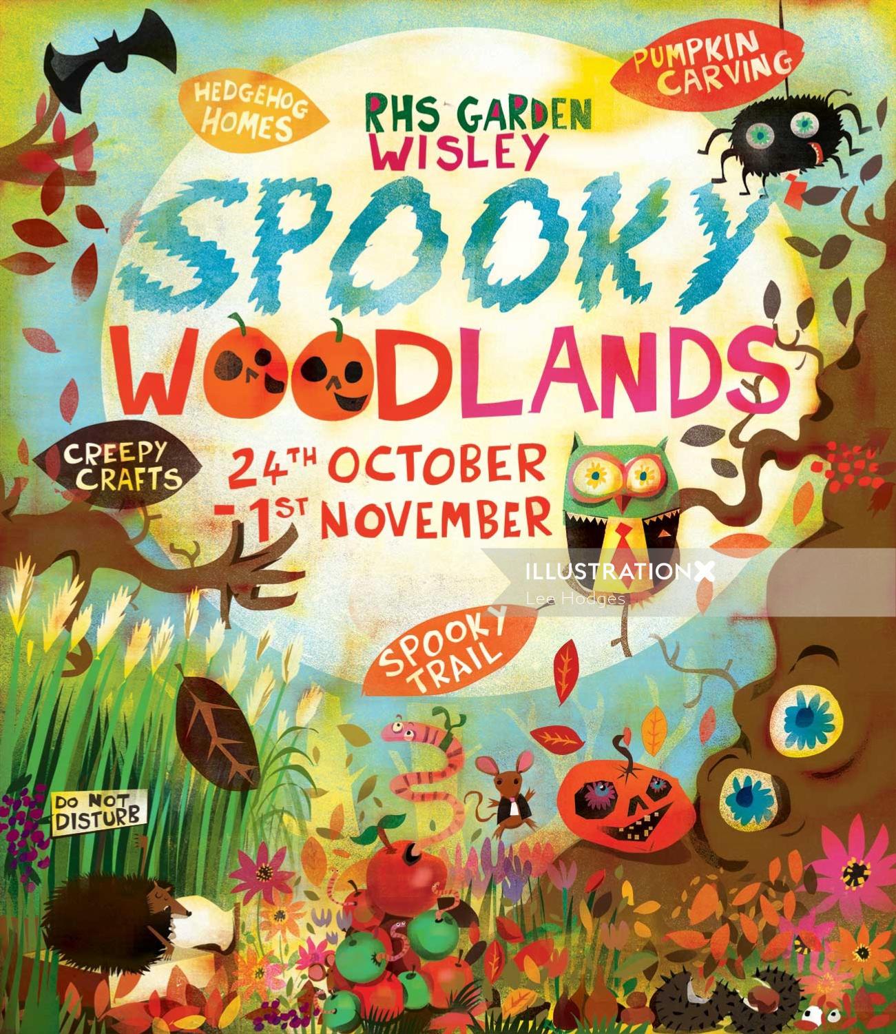Ilustração para o cartaz Spooky Woodlands de Lee Hodges