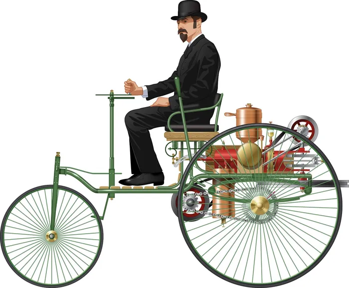 Illustration of a man on Benz Motorwagen