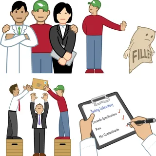 Illustration of business people blocking a bag labeled FILLER, checklist shown