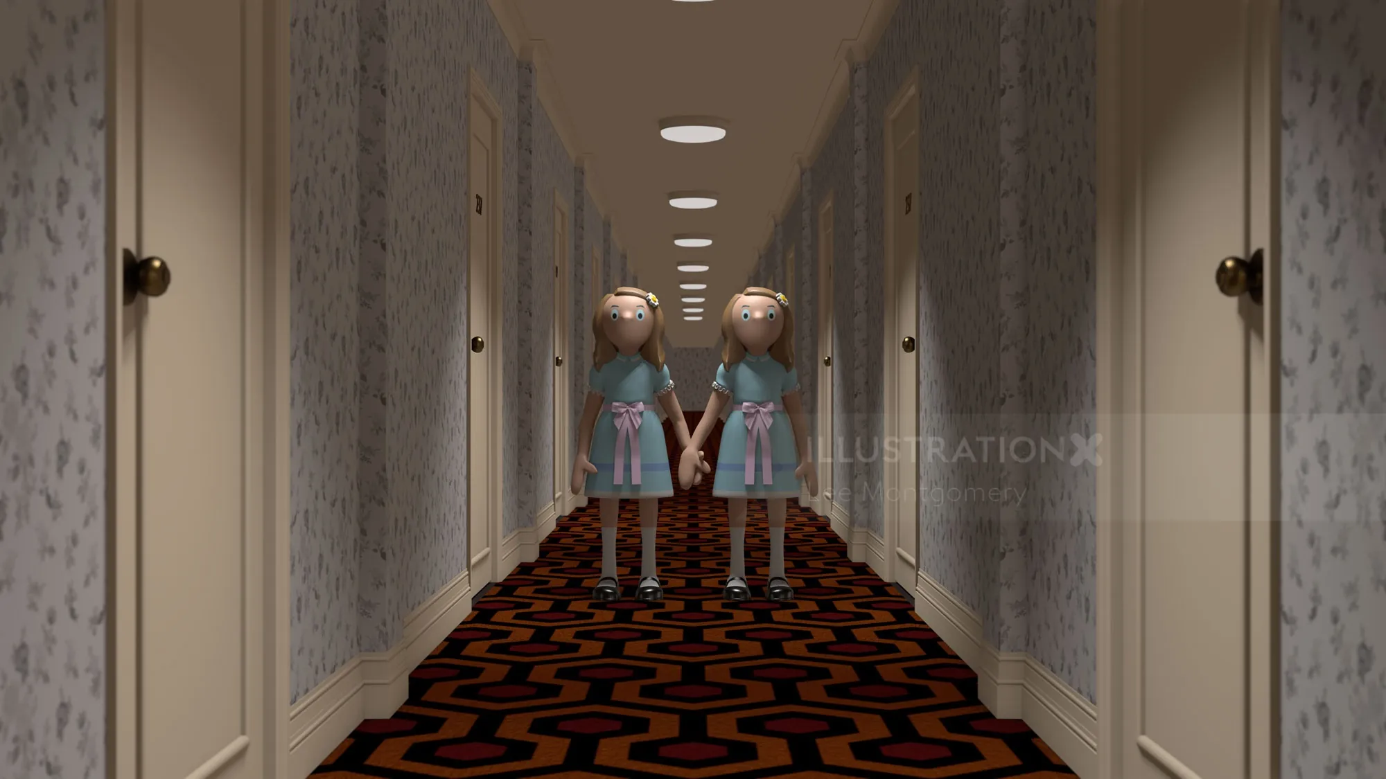3D model of twin children standing in a hotel corridor by Lee Montgomery