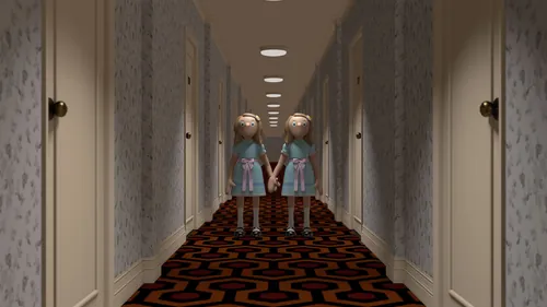 3D model of twin children standing in a hotel corridor by Lee Montgomery