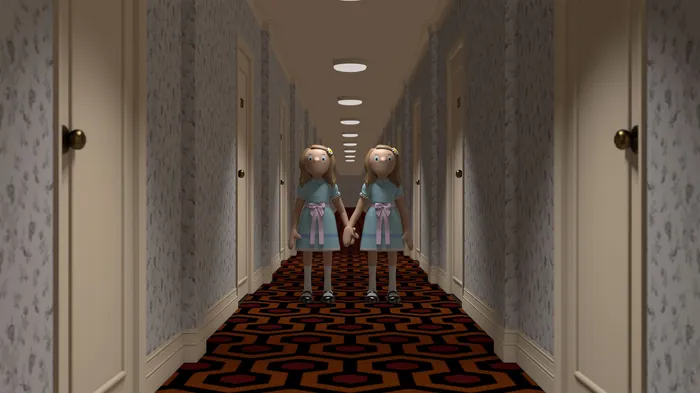 3D model of twin children standing in a hotel corridor by Lee Montgomery