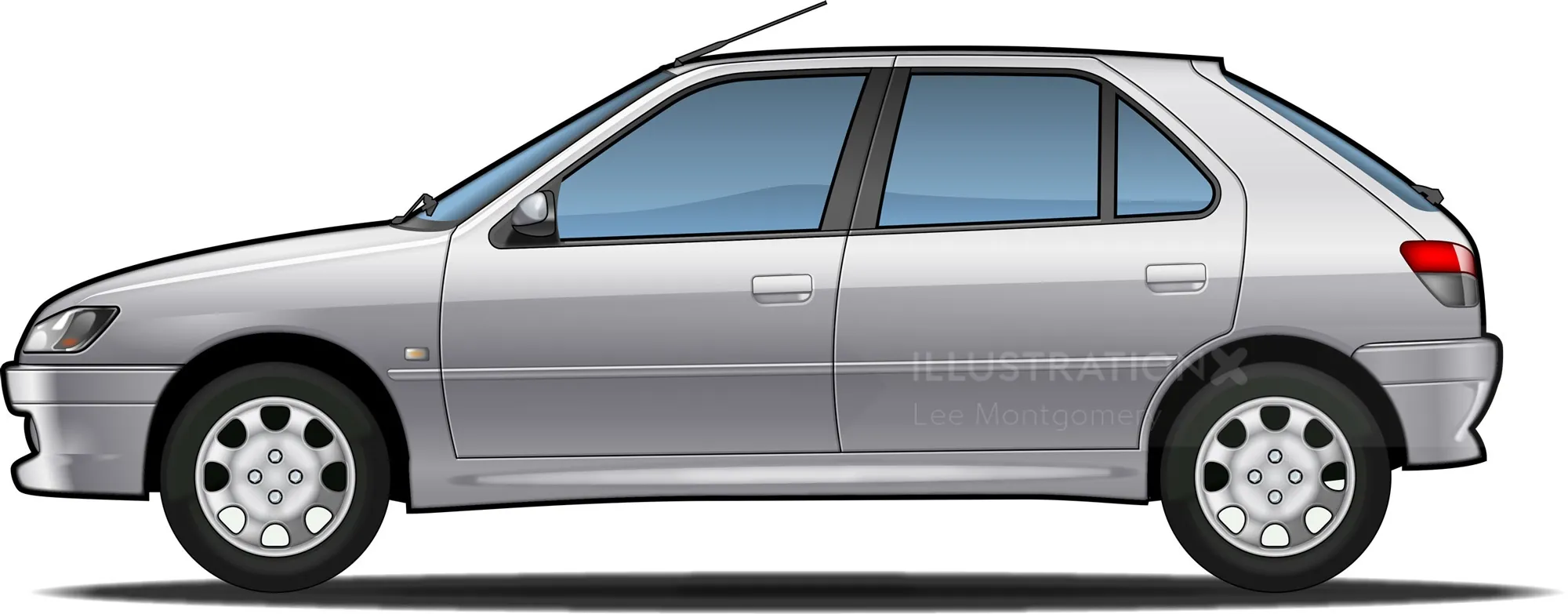 Side view of a silver Peugeot hatchback car by Lee Montgomery