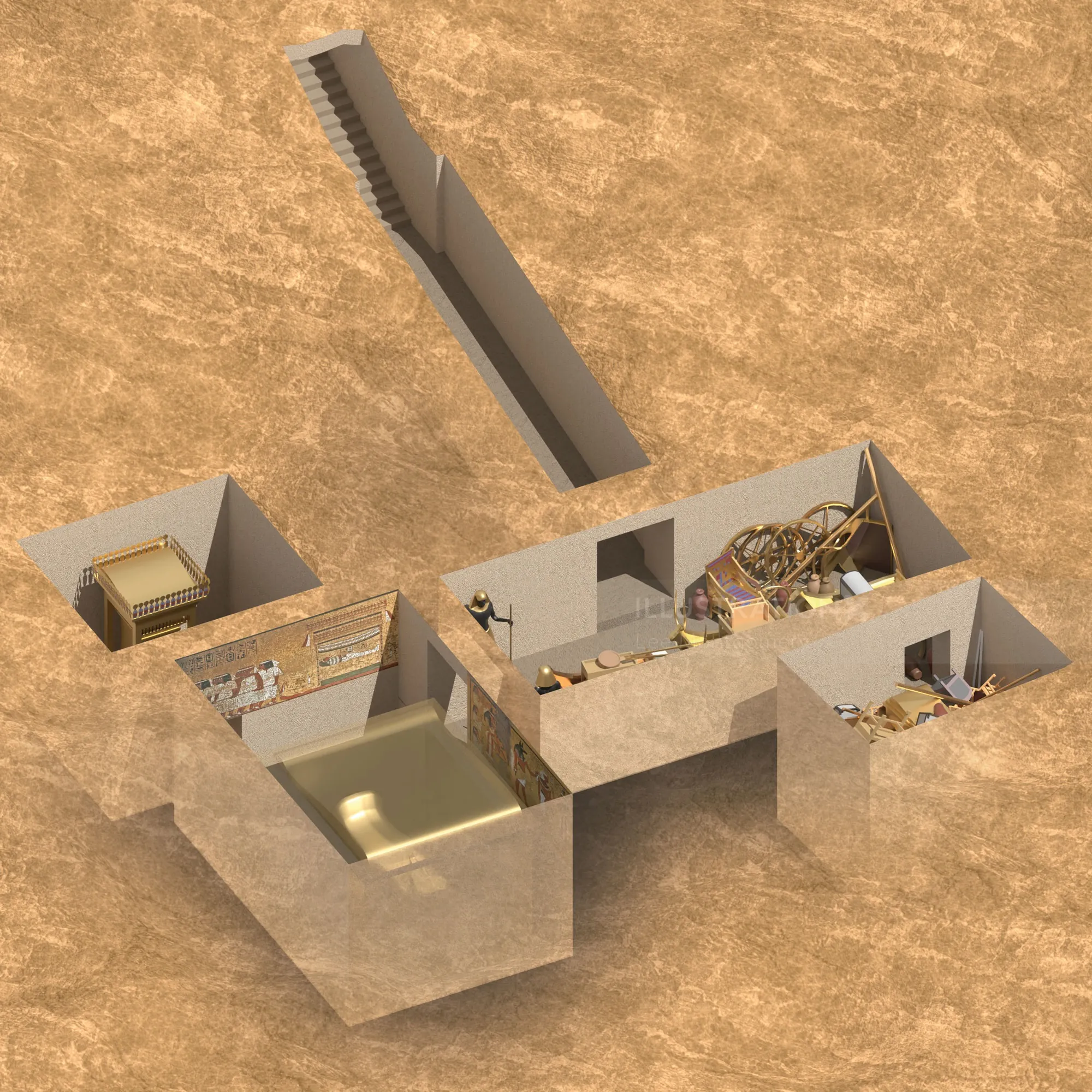 3D cutaway view of Tutankhamun's tomb showing artifact chambers by Lee Montgomery