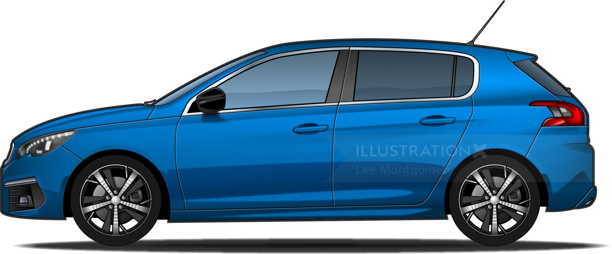 Side view of blue Peugeot car vector illustration by Lee Montgomery