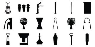 Wine waiter tools icons including corkscrew, bottle opener, pourer by Lee Montgomery