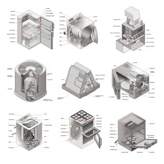 Detailed vector cutaway illustrations of various domestic appliances by Lee Montgomery
