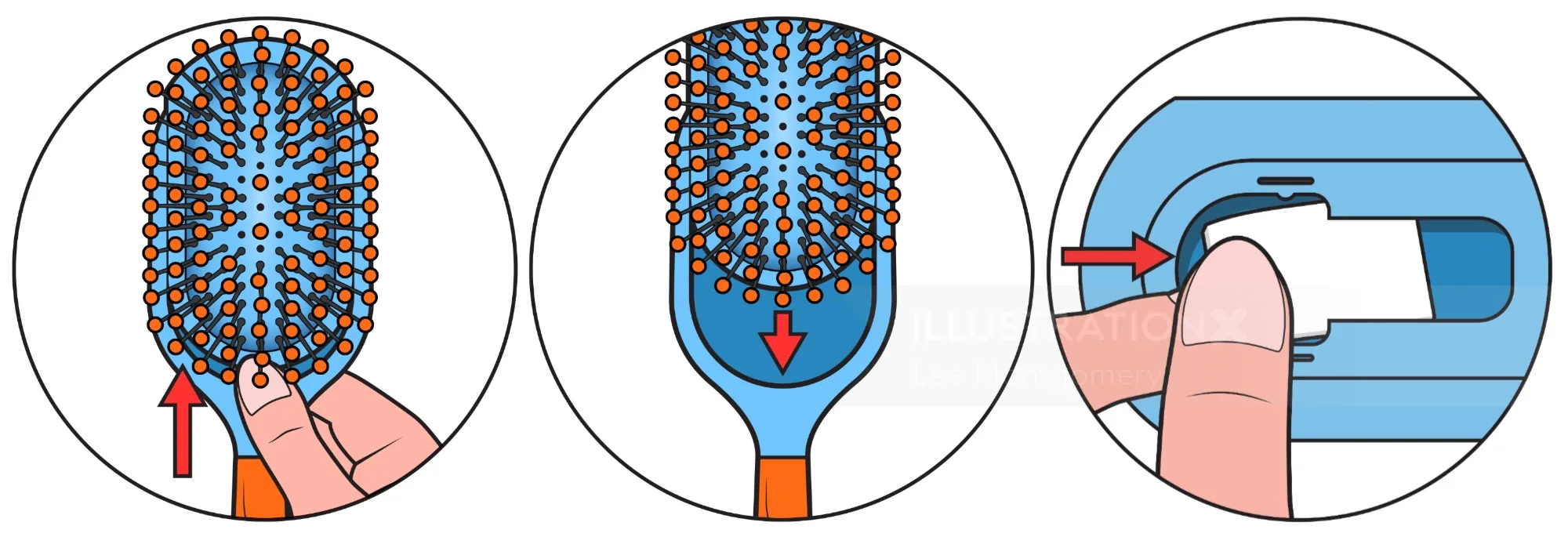 Step-by-step guide to cleaning a hairbrush with close-up illustrations