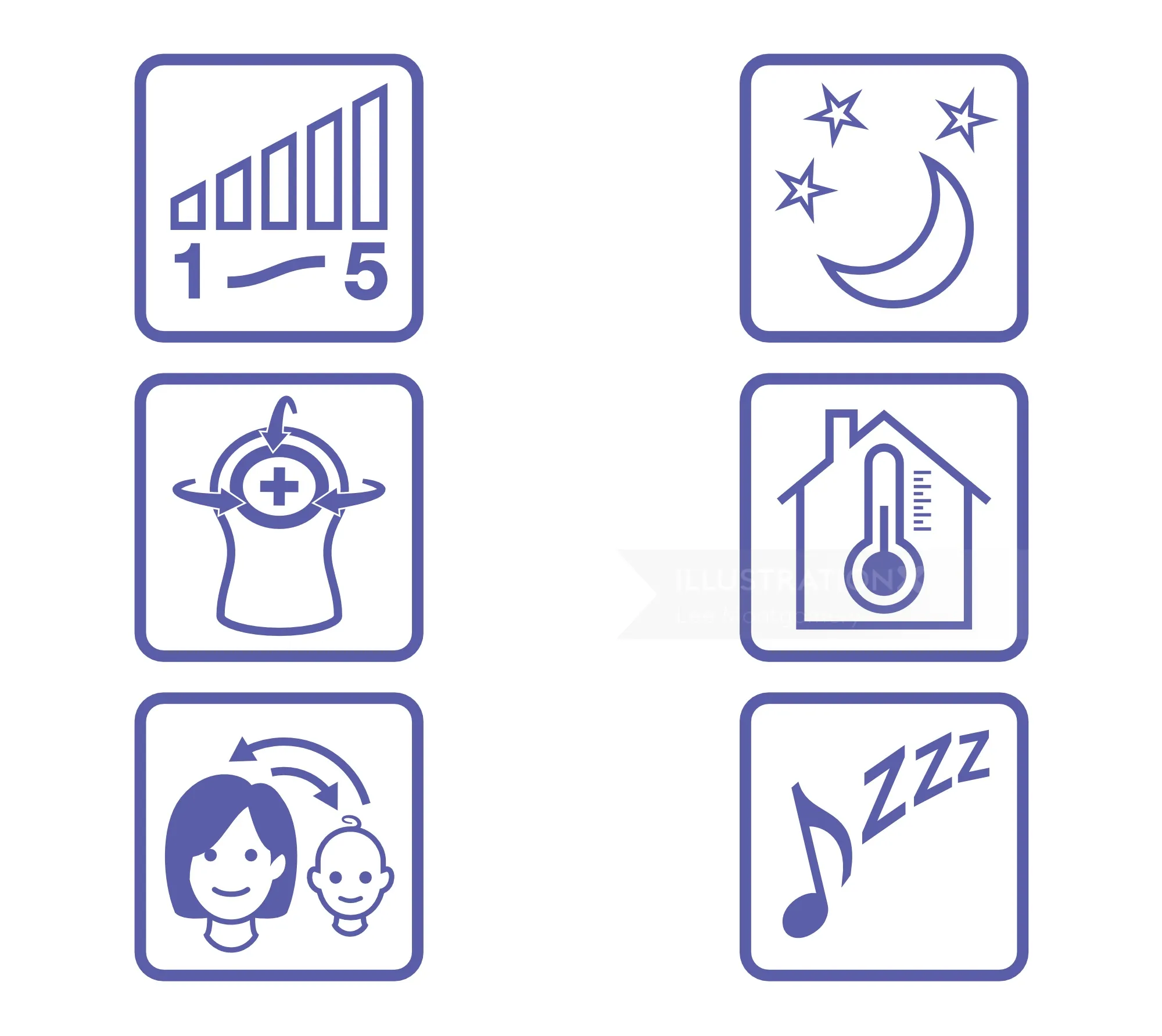 Set of technical icon symbols including signal, night, target, temperature, parent and baby, and mus