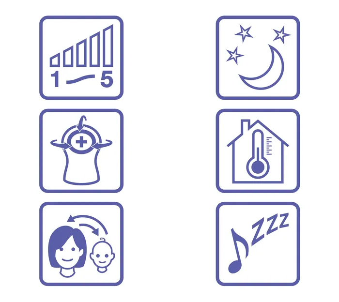 Set of technical icon symbols including signal, night, target, temperature, parent and baby, and mus