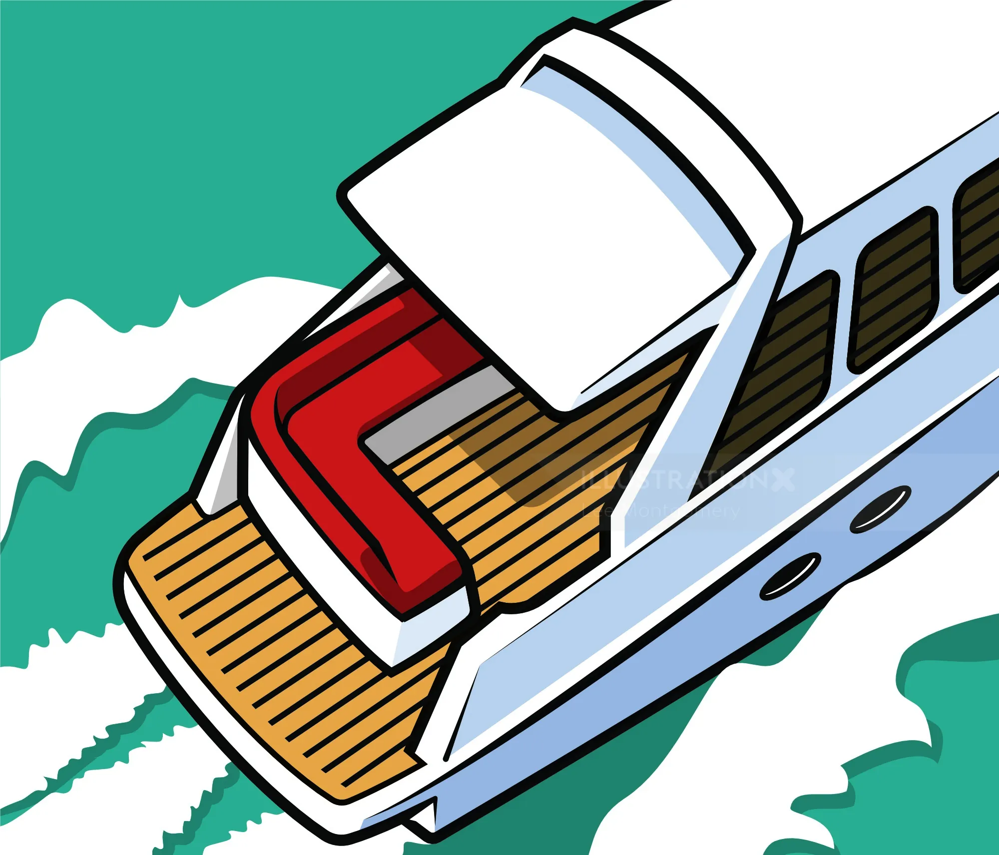 Top view of a luxury yacht cruising with open rear deck