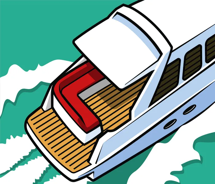 Top view of a luxury yacht cruising with open rear deck