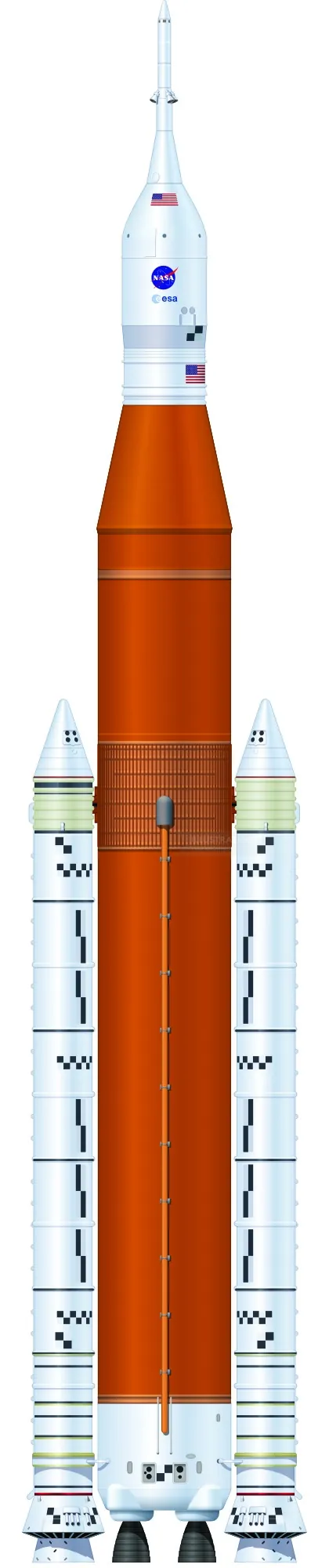 Technical illustration of a large rocket with boosters