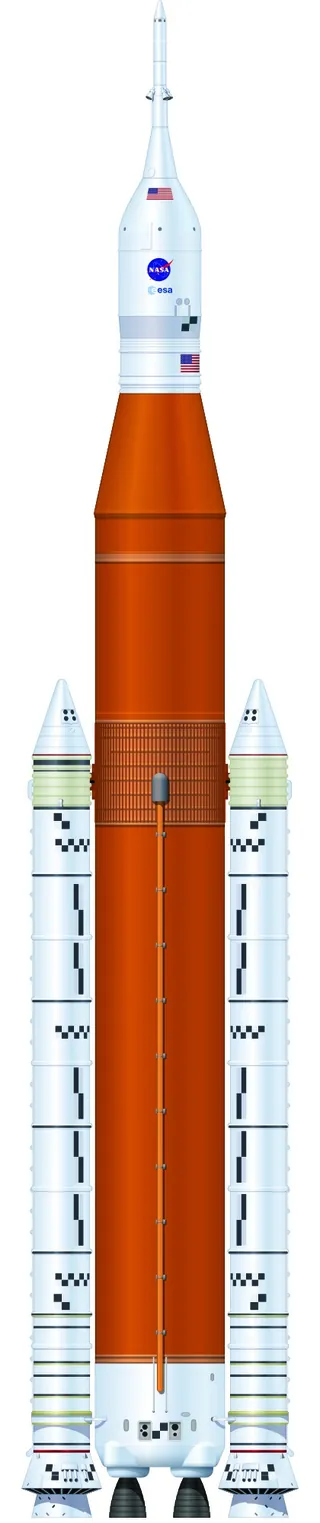 Technical illustration of a large rocket with boosters