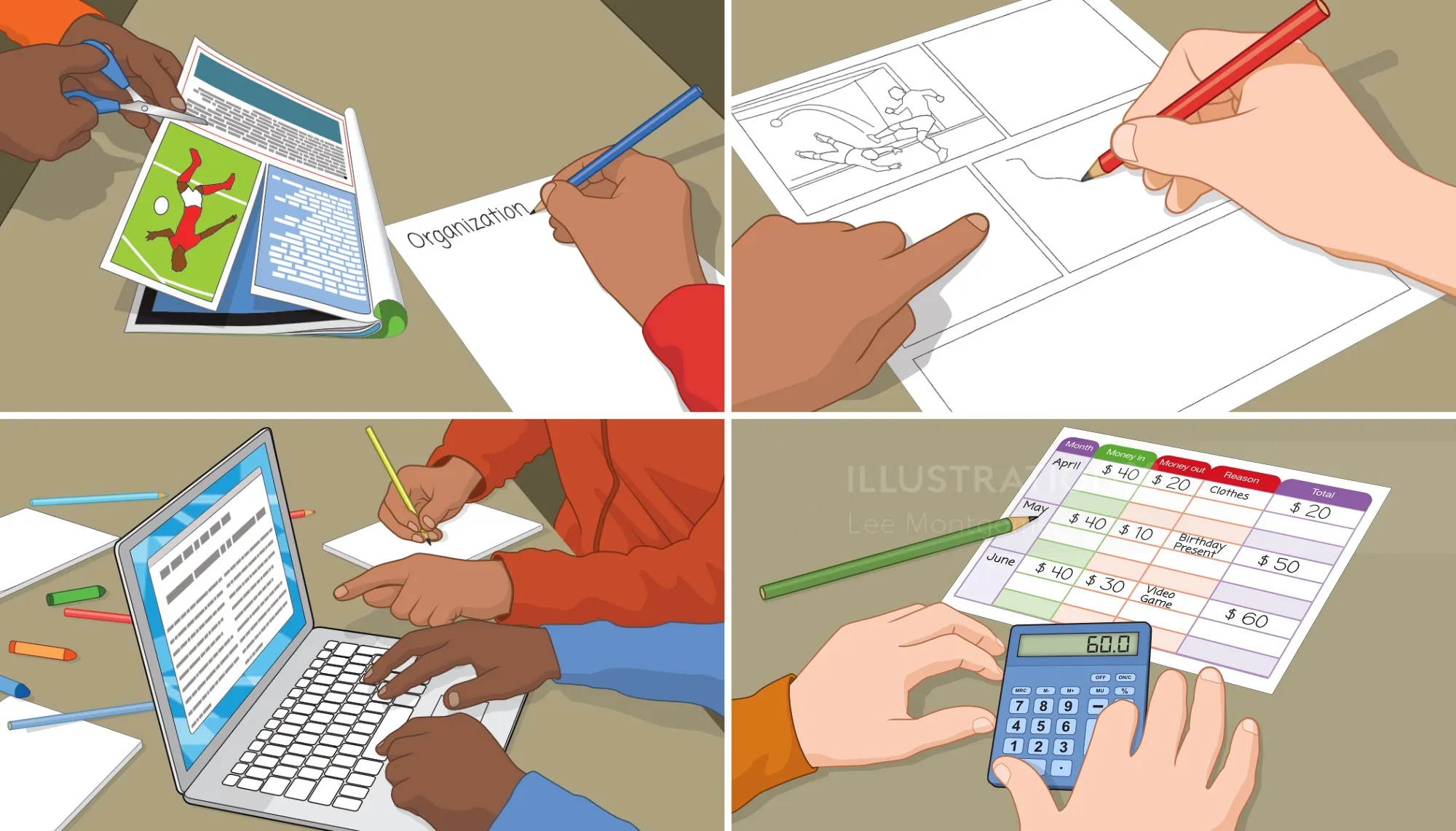 Children drawing and studying with school supplies and calculator