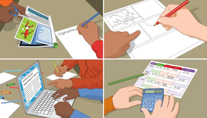 Children drawing and studying with school supplies and calculator