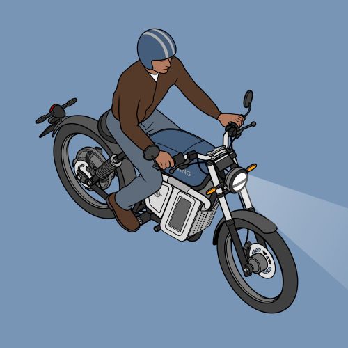 Isometric drawing of a person riding an electric motorbike with headlight on