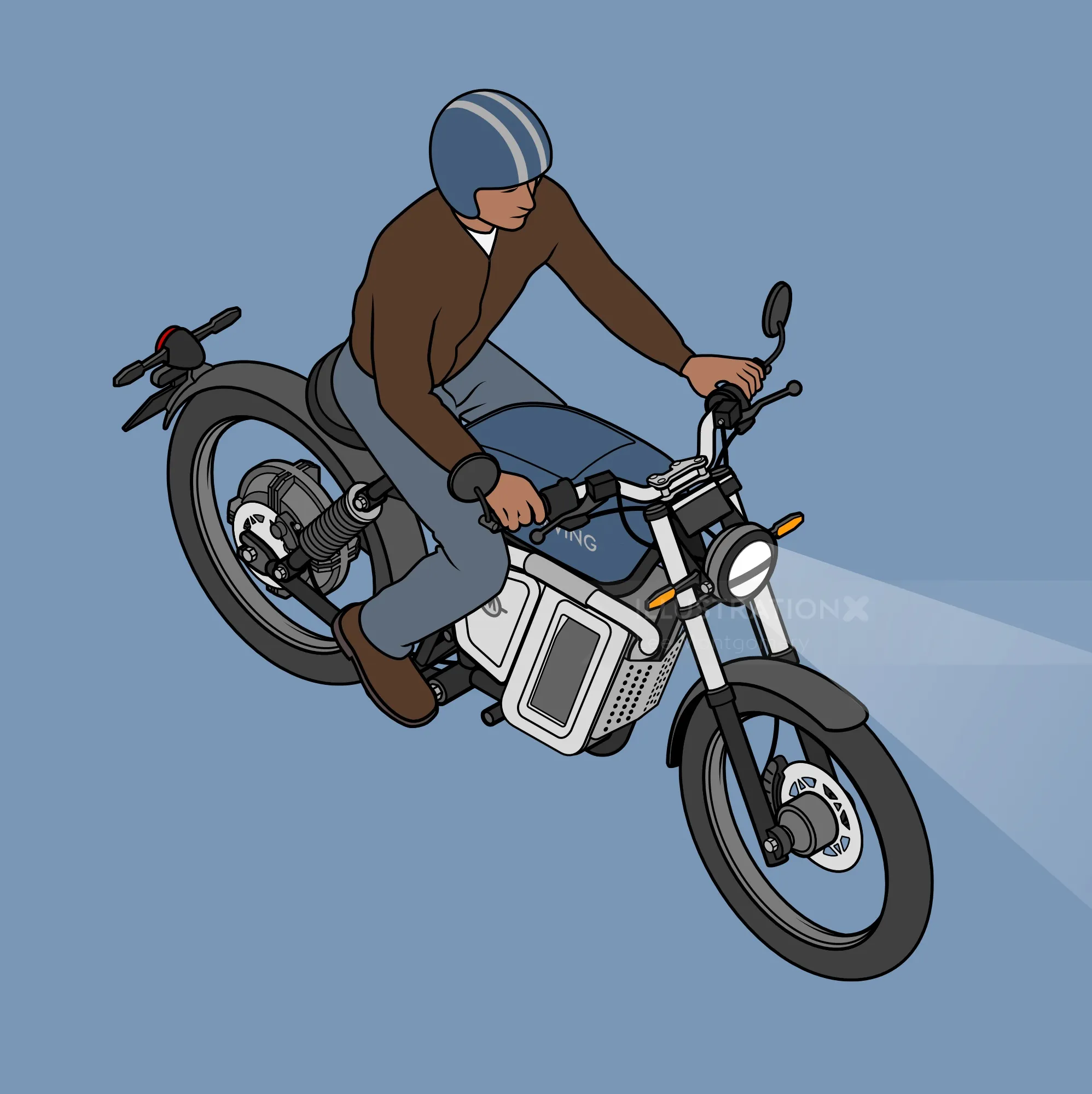 Isometric drawing of a person riding an electric motorbike with headlight on