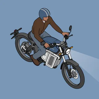Isometric drawing of a person riding an electric motorbike with headlight on