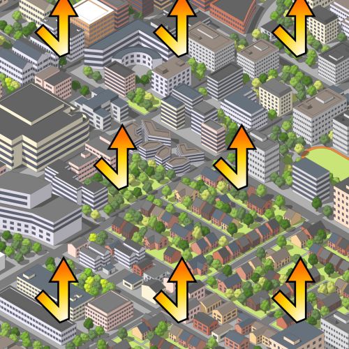 Isometric cityscape with buildings, houses, and green trees