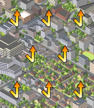 Isometric cityscape with buildings, houses, and green trees
