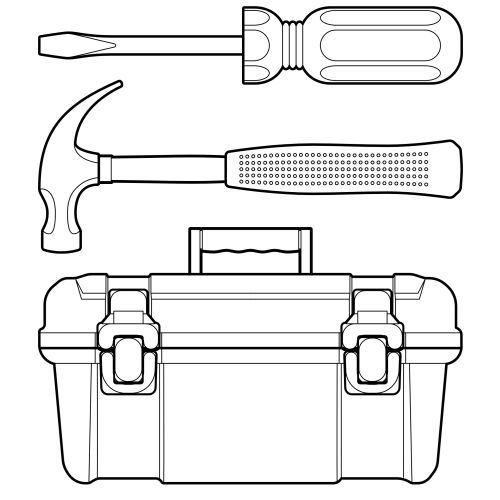 Hand saw, adjustable wrench, screwdriver, hammer, and toolbox illustration