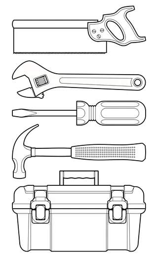 Hand saw, adjustable wrench, screwdriver, hammer, and toolbox illustration