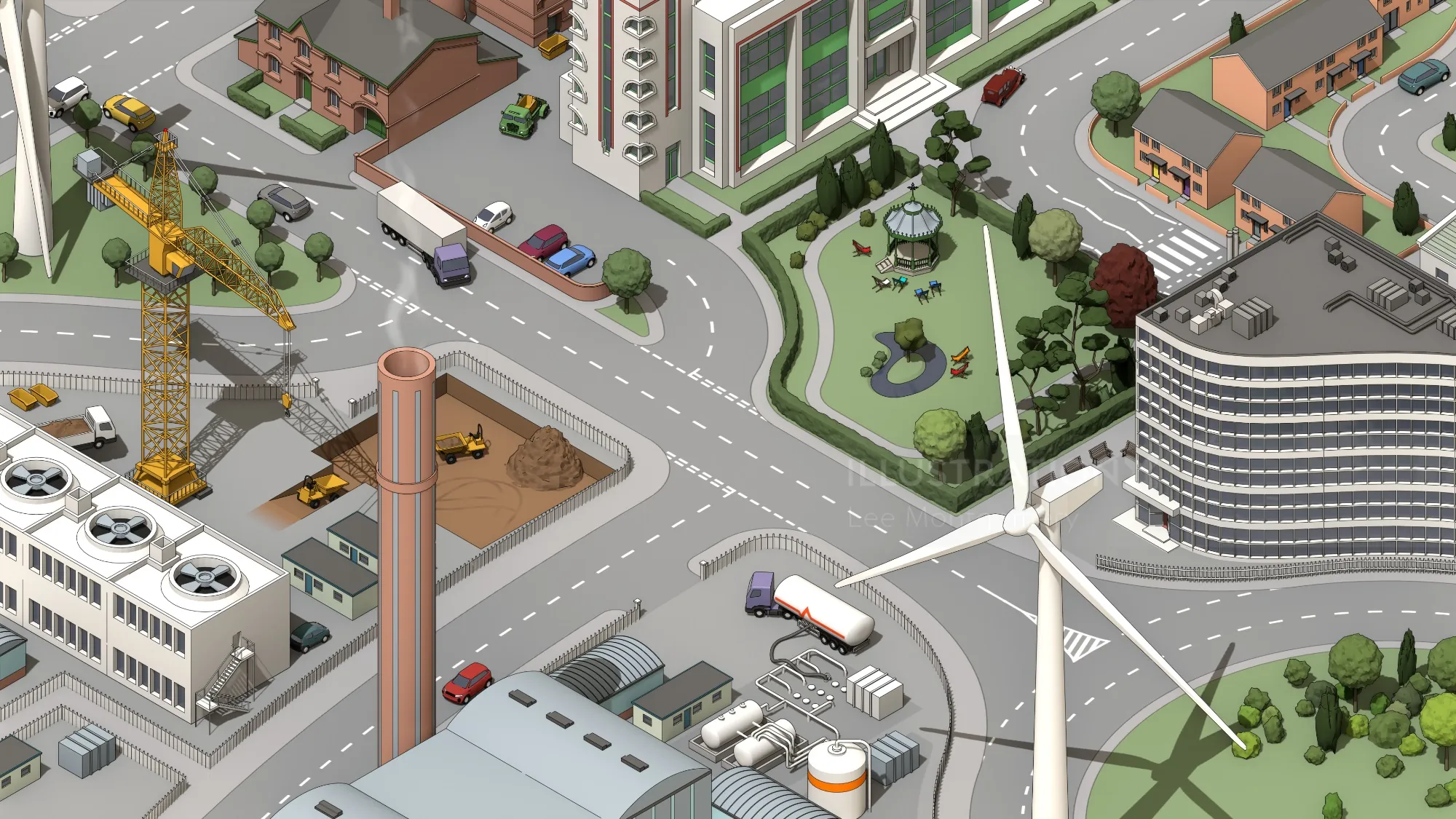 Isometric cityscape with buildings, roads, vehicles, and wind turbines