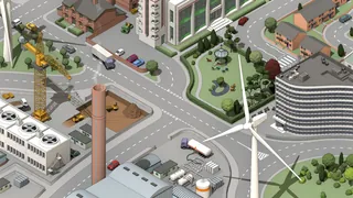 Isometric cityscape with buildings, roads, vehicles, and wind turbines
