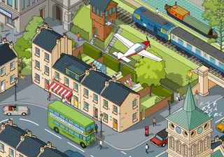 Isometric town scene with train, bus, cars, and buildings by Lee Montgomery