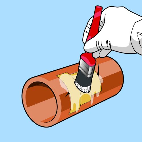 Gloved hand painting brown pipe section with red brush by Lee Montgomery
