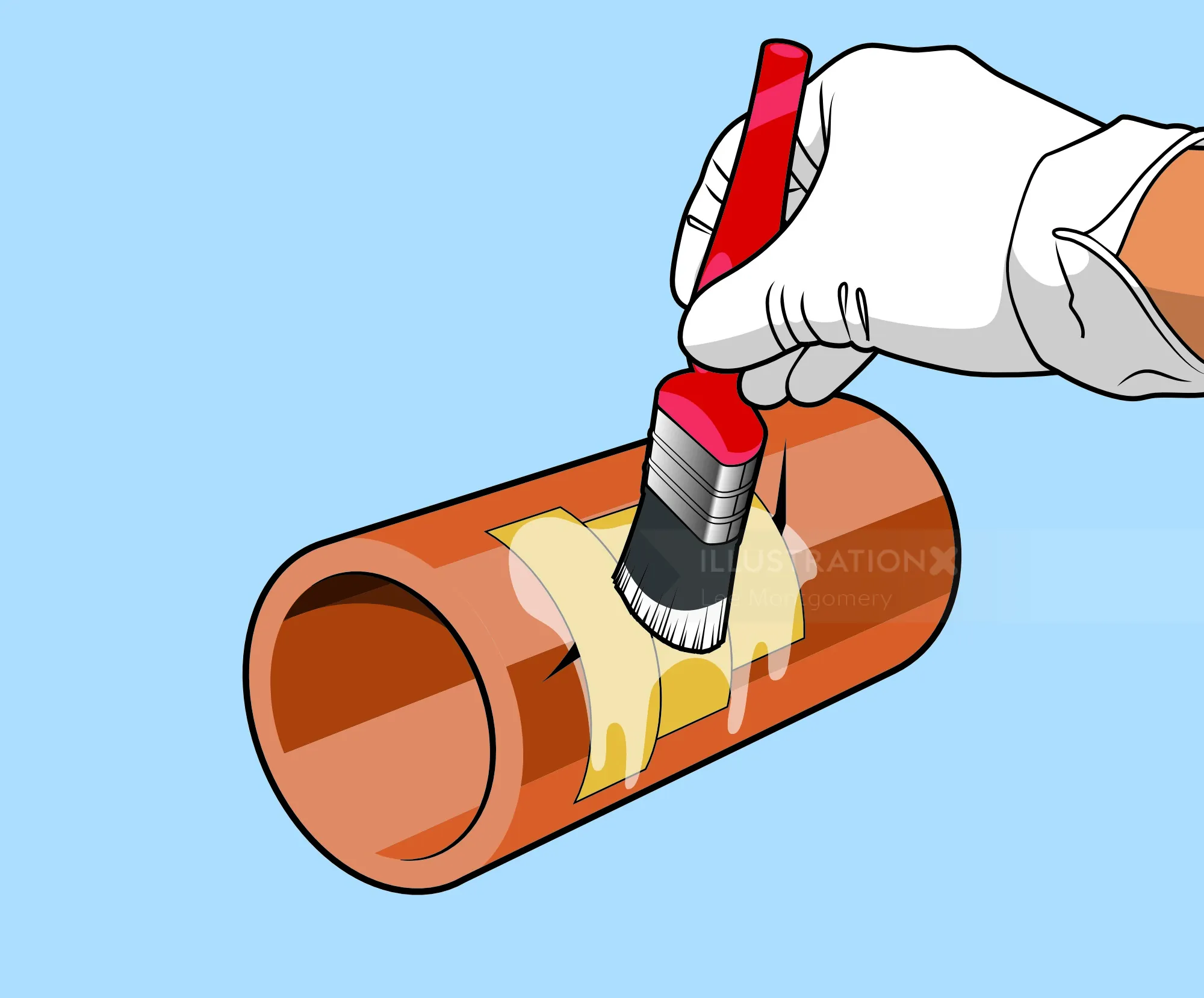 Gloved hand painting brown pipe section with red brush by Lee Montgomery
