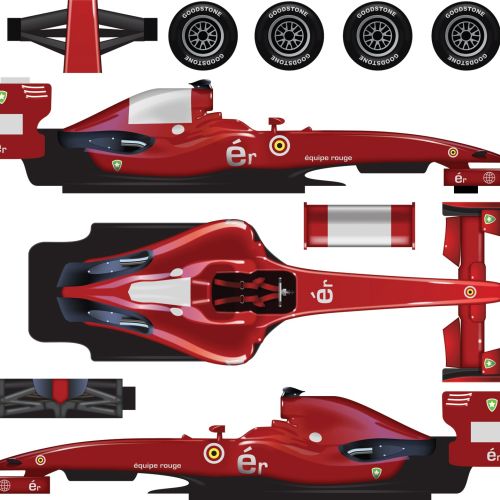 Diagram of a red F1 racing car model with wheels and parts by Lee Montgomery