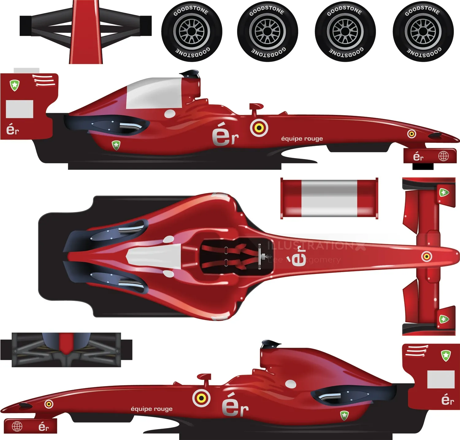 Diagram of a red F1 racing car model with wheels and parts by Lee Montgomery