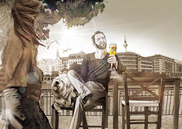 Man enjoying drink with happy dog
