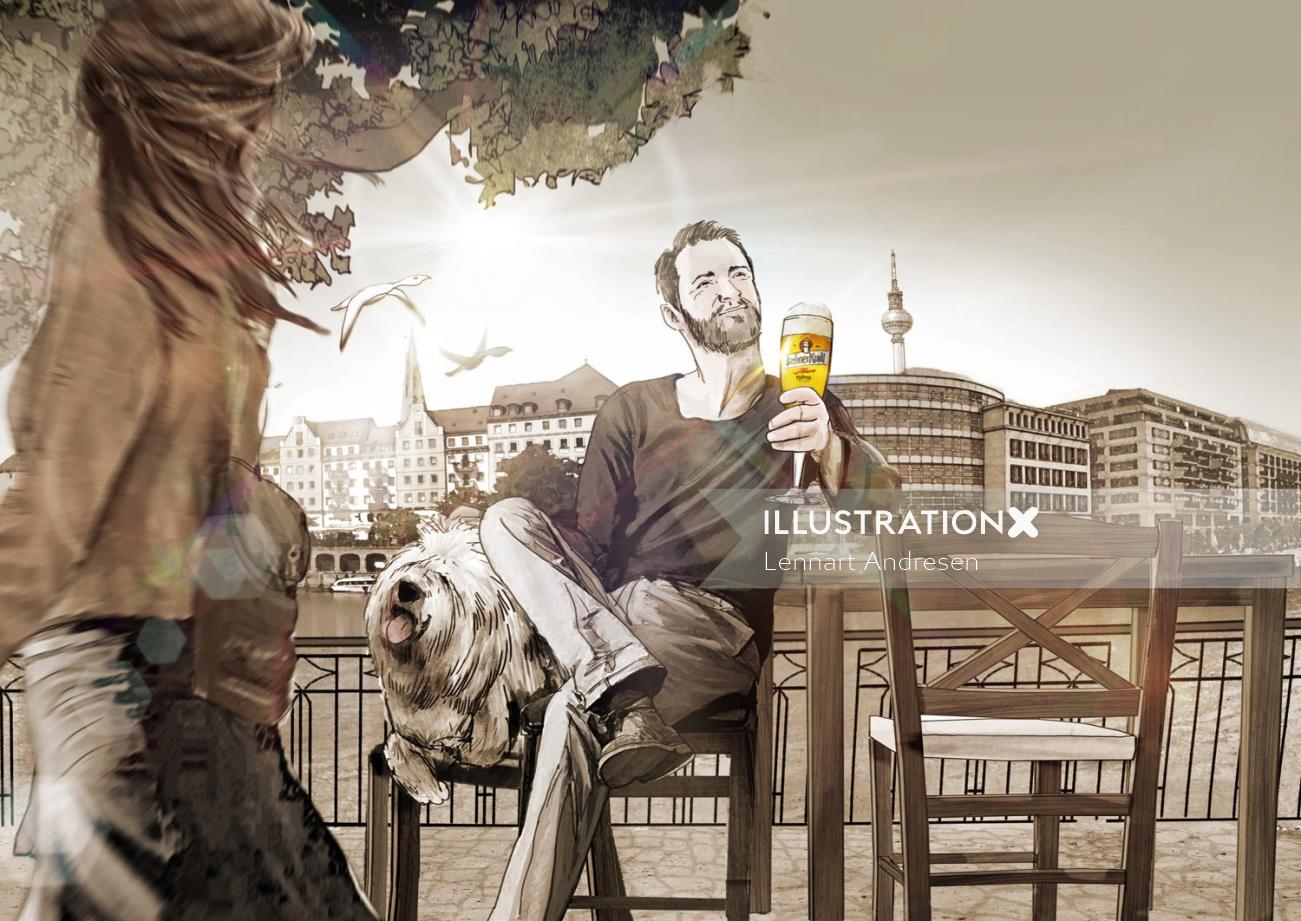 Hombre disfrutando de una bebida con perro feliz