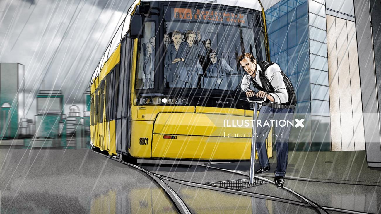 雨天時に路面電車の路線を修理する男