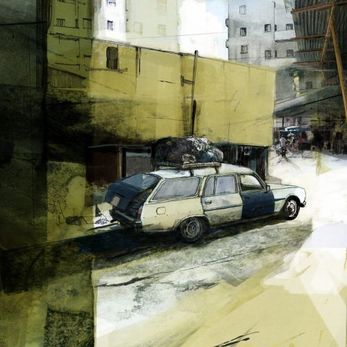 sketch of car in the old city
