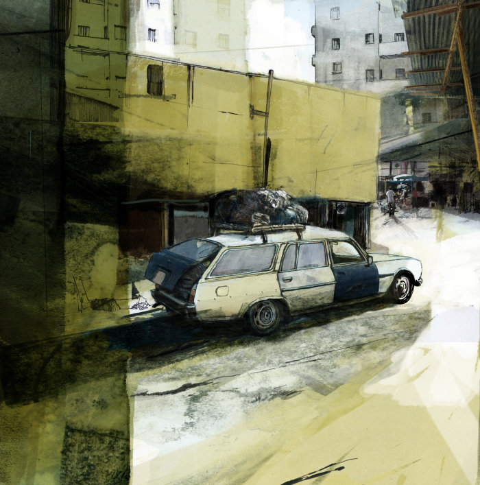 sketch of car in the old city

