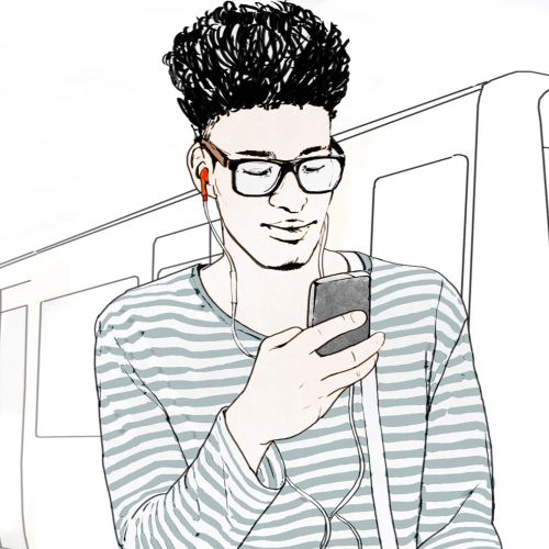 Line art of Teenager with mobile in Metro
