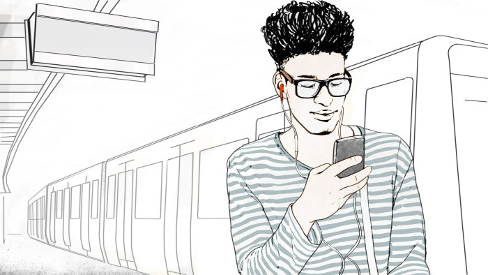 Dessin au trait d&#39;adolescent avec mobile dans le métro